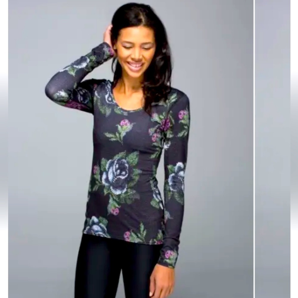 Lululemon Long Sleeve Scoop Neck Floral Rose Green Pink White Black Shirt Sz 6
